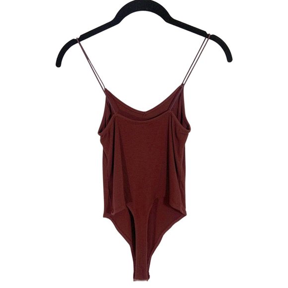 V-Neck Ribbed Bodysuit w/ Thin Straps and Snap Crotch Burgundy/Maroon - Picture 2 of 6
